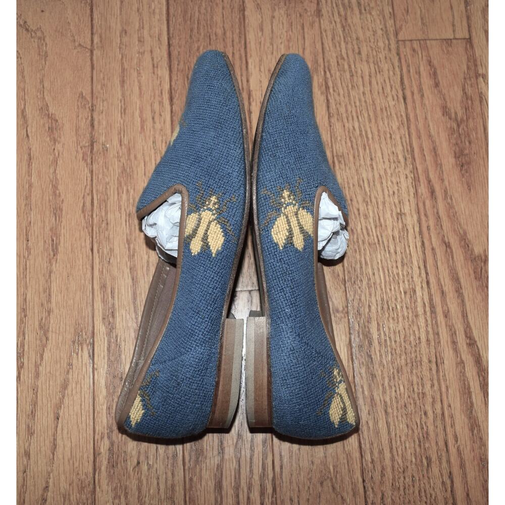 Zalo Women's 6.5 M Shoes Needlepoint Loafers Honey Bee Blue Flats Embroidered - Picture 3 of 5
